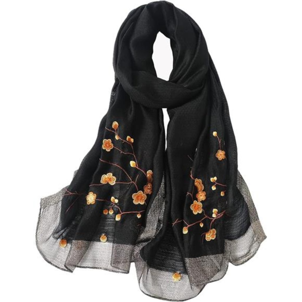 Hot Women's Mulberry Silk Embroidered Floral Scarf Black